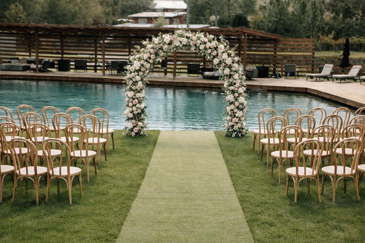 Ceremony setup with floral arch beside the pool
