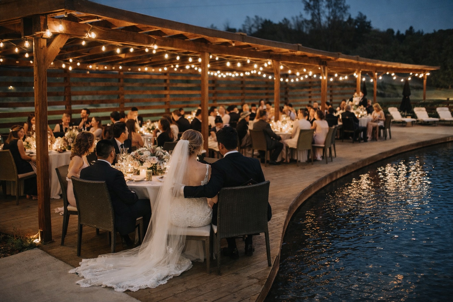 Golden Hill Ranch evening reception under string lights beside the pool